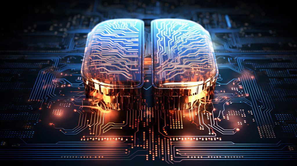 Big data and artificial intelligence concept. Human brain glowing from processor, symbolizing the fusion of human intelligence and machine learning capabilities. Evolution of technology of data. Machine